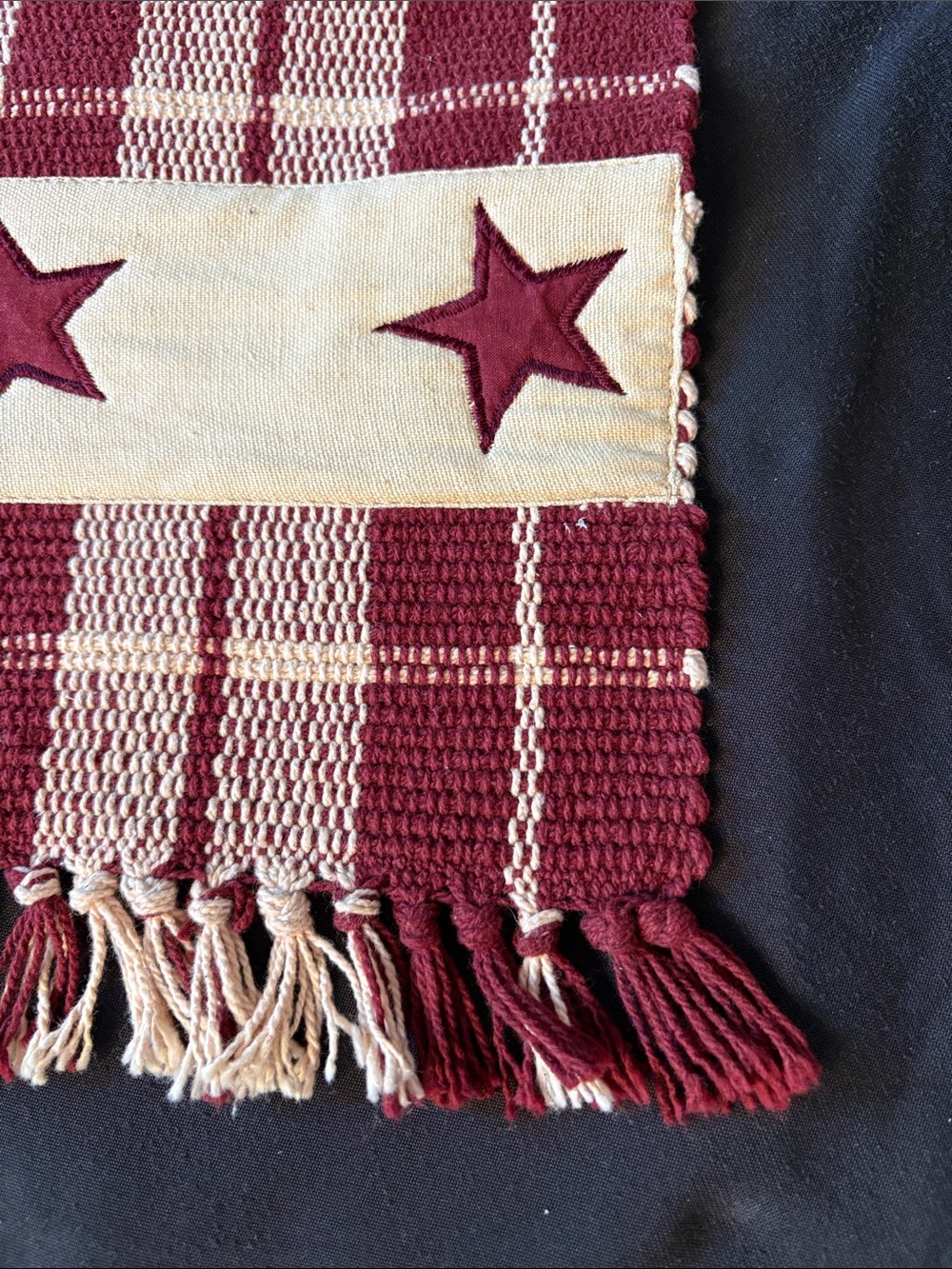 Table Runner- Burgundy and Cream Woven Plaid Runner with Star Applique - Picture 5 of 8
